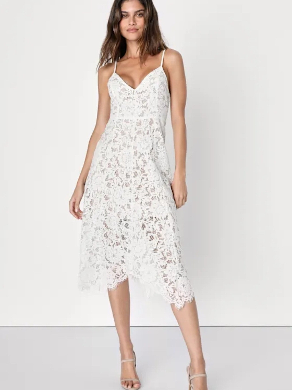 Lulu's White Lace Midi Dress with Spaghetti Straps